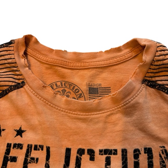Affliction Value T-Shirt Bright Orange Camo Wash Flocked Graphic, Sz L - Picture 13 of 15